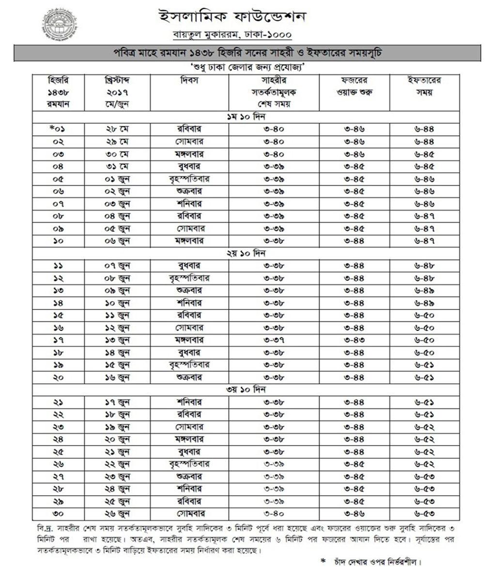 Ramadan Iftar Time Table 2017 Bangladesh Page 1