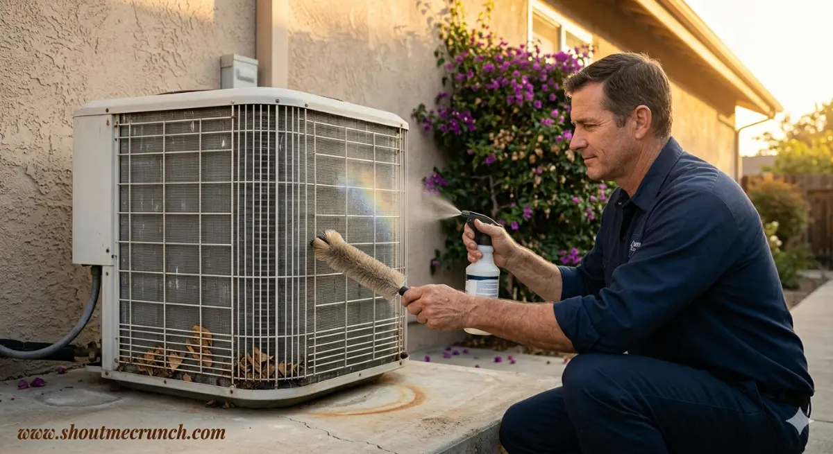 golden-hour photograph of a seasoned HVAC technician cleaning an outdoor condenser unit beside a residential wall, fine mist catching warm light — premium editorial image for shoutmecrunch.com