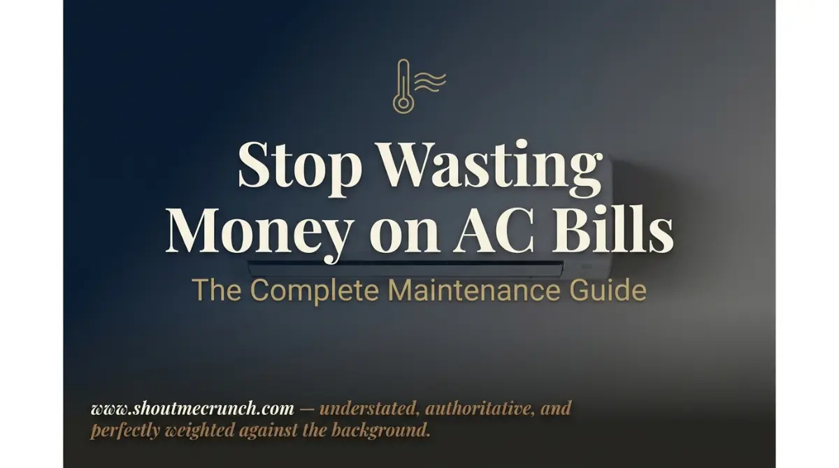 Editorial thumbnail showing a modern split AC unit against a deep navy gradient background with gold typographic headline reading "Stop Wasting Money on AC Bills" — premium home maintenance guide cover image for shoutmecrunch.com