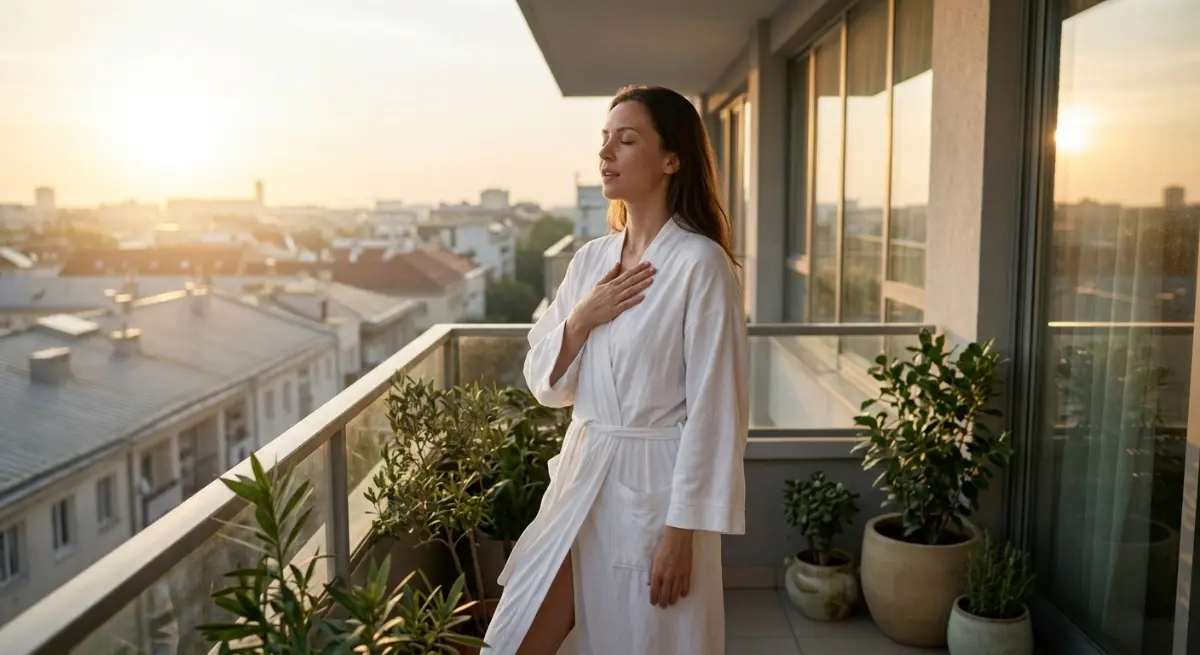 Woman breathing calmly on balcony at sunrise symbolizing relief from anxiety and overthinking