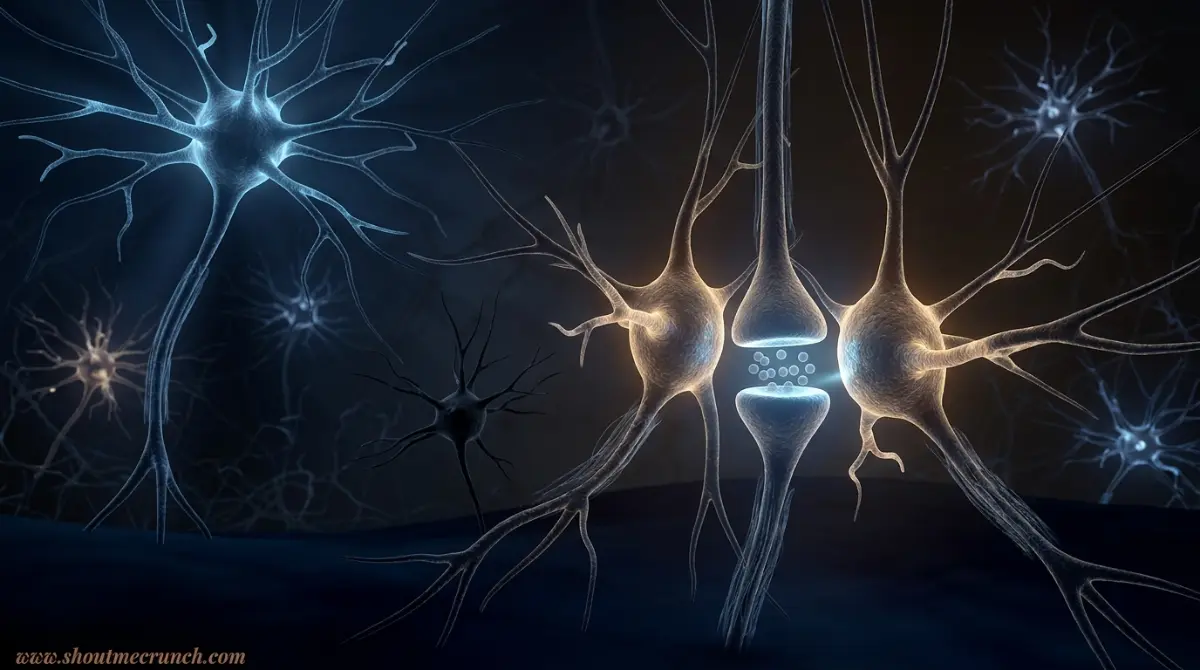 Visualization of depleted neural synapses inside a fatigued human brain, rendered in deep navy and cooling amber bioluminescent tones.