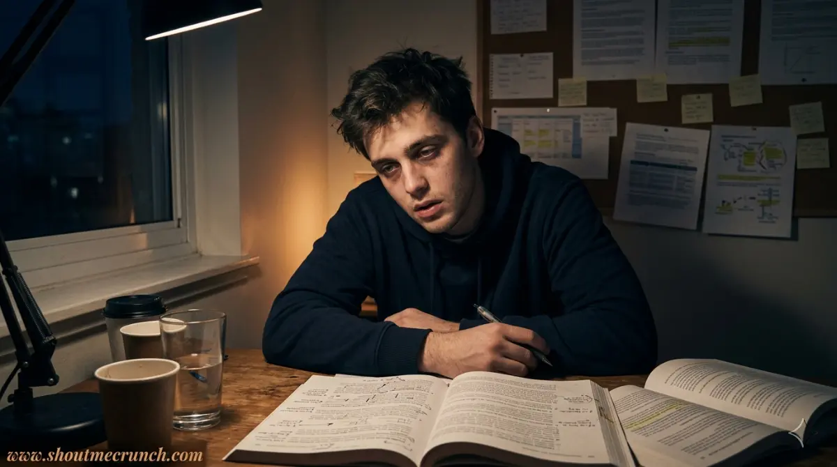close-up of an exhausted university student slumped over annotated textbooks at 1:47 AM under warm amber desk lamp light, representing genuine mental fatigue.
