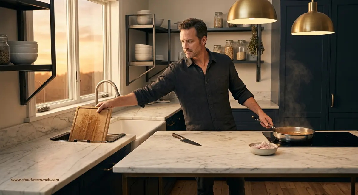 man rinsing dishes mid-cook in a luxury marble kitchen
