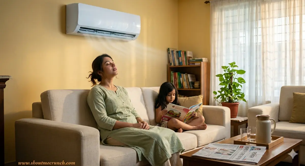 interior photograph of a mother and child relaxing on a cream sofa under a working AC unit on a hot afternoon — warm editorial lifestyle image illustrating restored home comfort for shoutmecrunch.com
