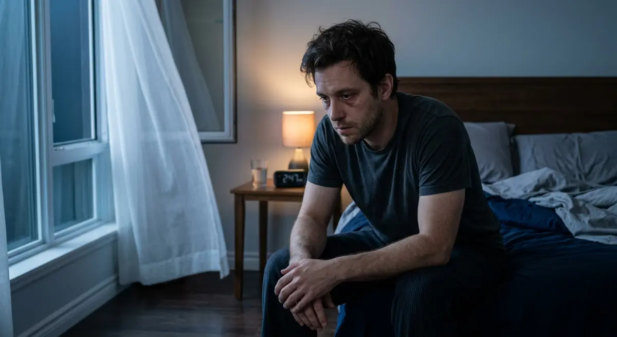 Man standing by window at sunrise reflecting on mental clarity and recovery in a calm modern apartment