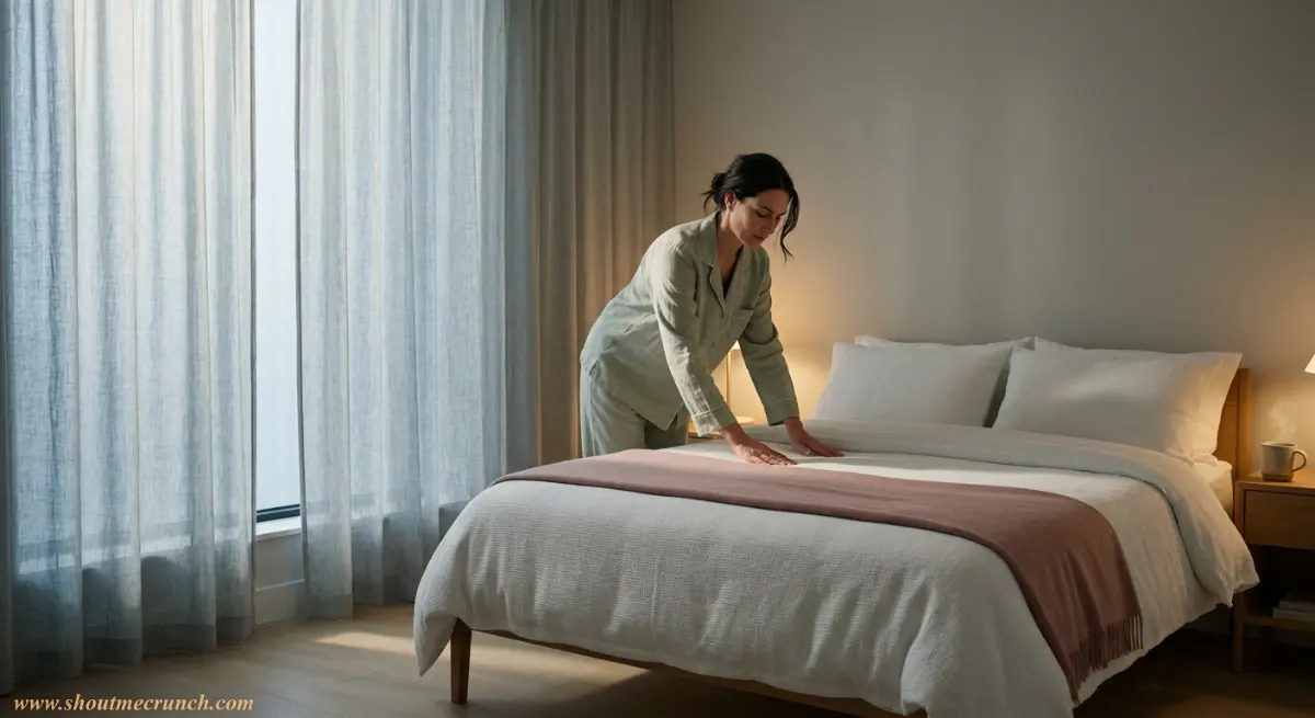 photograph of a woman smoothing a white duvet in a minimalist bedroom
