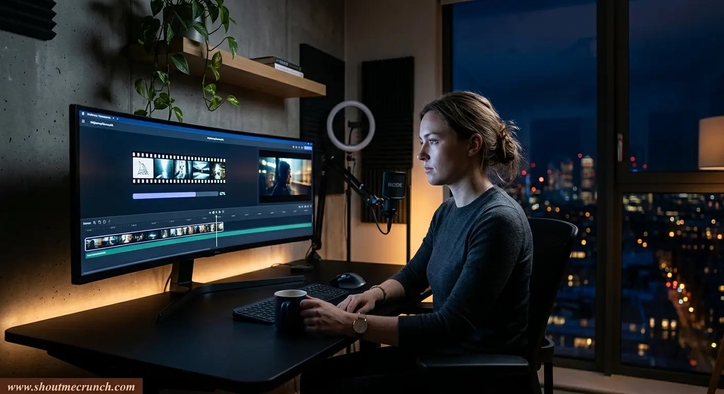 Shout Me Crunch | Best Text-to-Video AI Tools of 2026 Content creator working late on AI video generation tools in a cinematic minimal studio