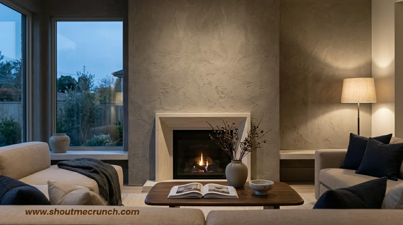 Shout Me Crunch | 7 Stucco Finish Ideas That Can Transform Your Home’s Exterior and Interior Elegant living room with textured stucco accent wall, fireplace, warm lighting