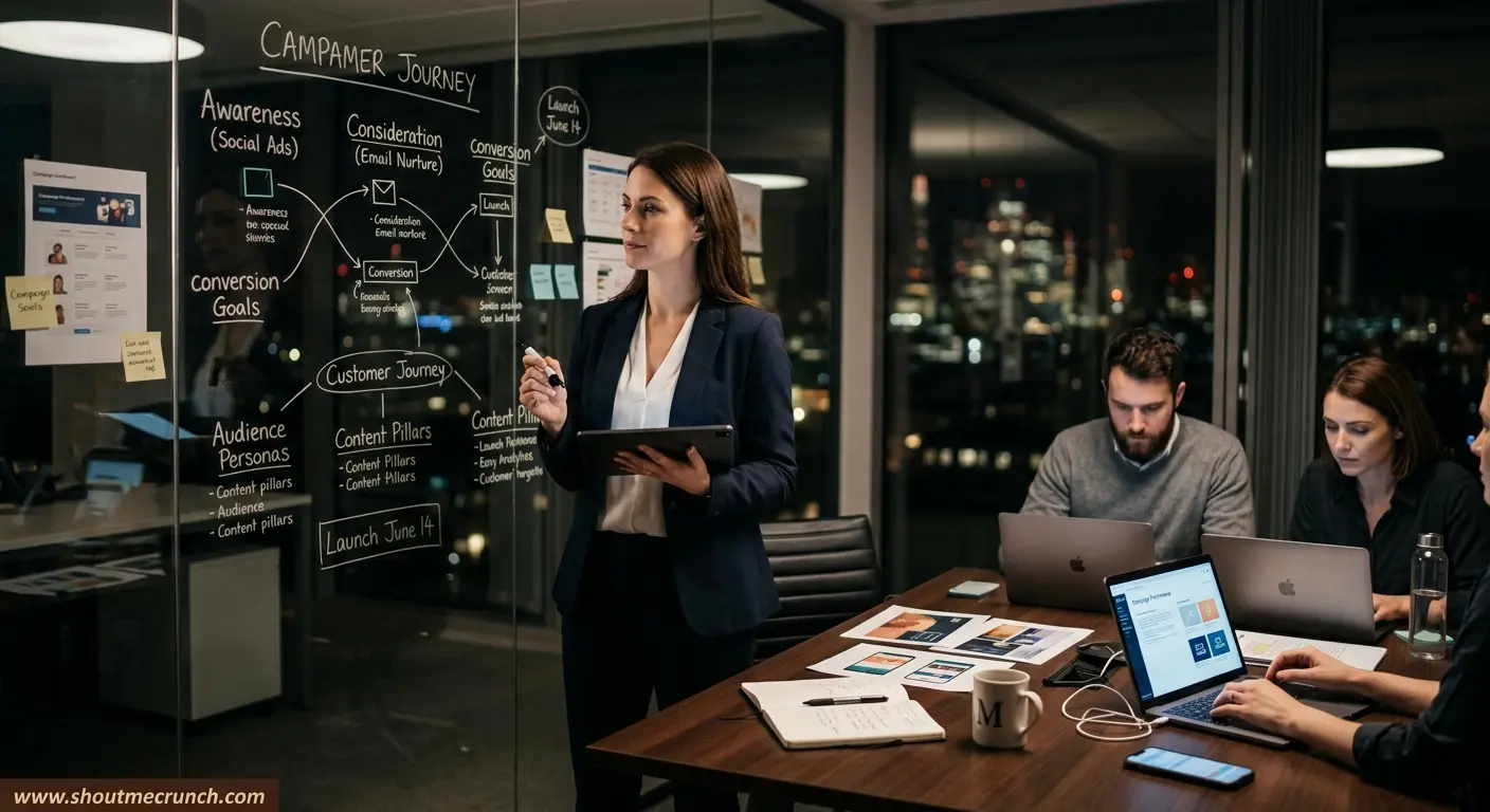 Shout Me Crunch | 7 Digital Campaign Tips That Actually Convert Marketing strategist and creative team planning a digital campaign journey on a glass board in a premium office at night.