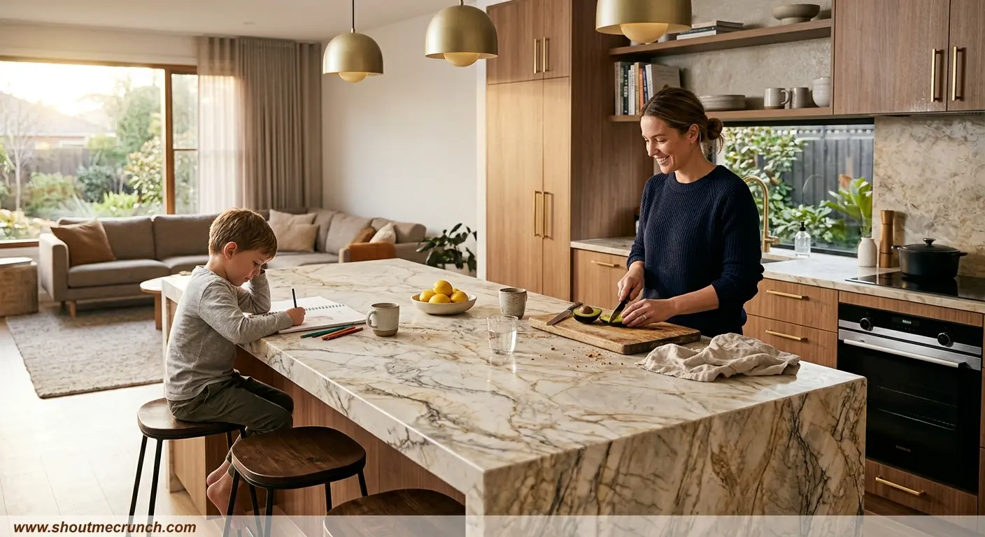 Shout Me Crunch | Quartzite vs Marble: Which Stone Wins? Modern luxury kitchen with quartzite island benchtop