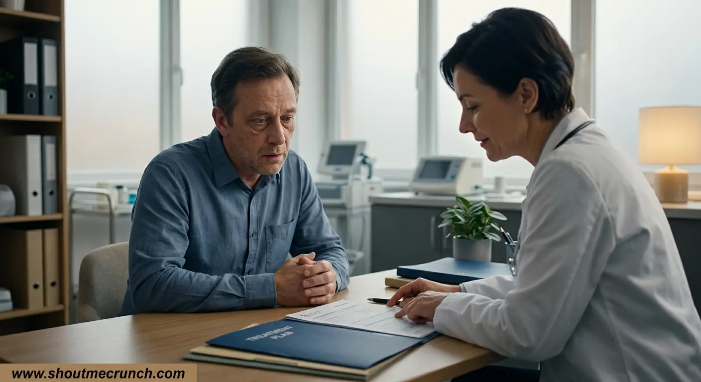 Shout Me Crunch | How to Face a Diagnosis Without Losing Hope Patient receiving serious medical news from a compassionate doctor while reviewing treatment options in a calm consultation room.