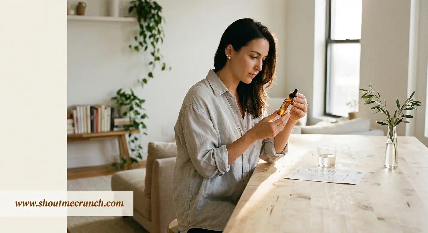 Shout Me Crunch | What Do You Really Feel After Using CBD Products? A thoughtful woman holds a CBD oil dropper bottle in a warmly lit minimalist kitchen, studying the label with quiet, measured curiosity before her first use.